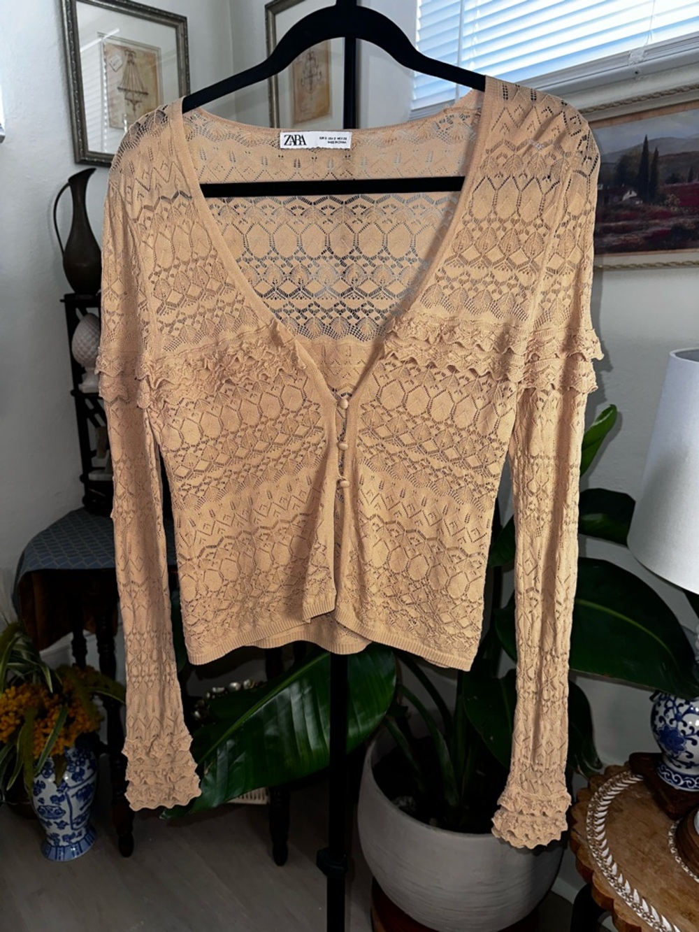 Zara Beige Crochet Button-Front Cardigan